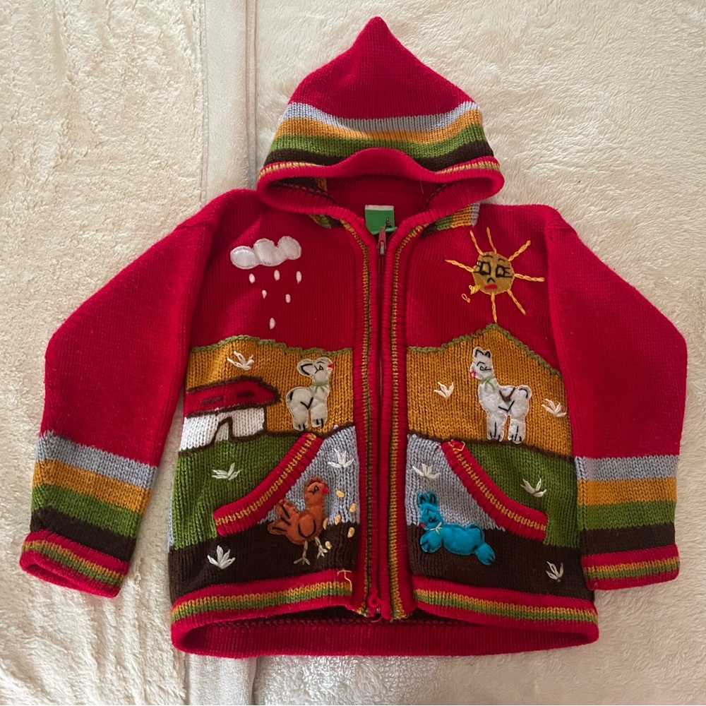 Kids Peruvian Handmade Wool Hooded Embroidered Farm Animal/ landscape Sweater